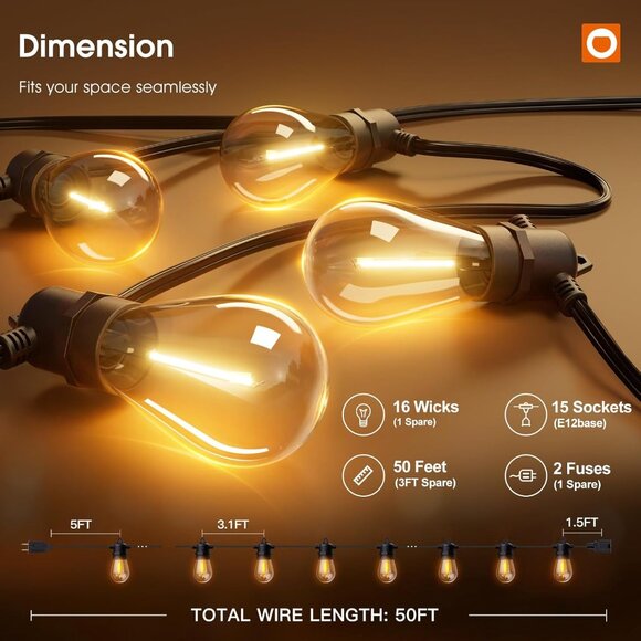 50FT LED Outdoor String Lights with Edison Shatterproof Bulbs, Weatherproof Stra - Picture 6 of 8